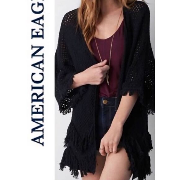 NWT American Eagle Cardigan Women's Small Black Crochet Fringe Boho Open Knit - Picture 1 of 7
